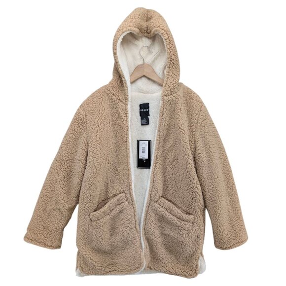 Me Jane Faux Fur Teddy Jacket Womens Toffee Tan Hooded Open Front Pockets Sz XS - Picture 1 of 10